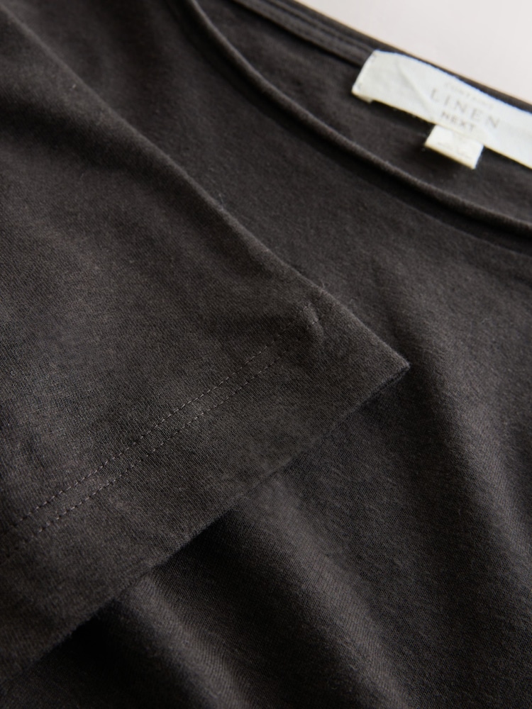 Chocolate Brown Short Sleeve Roll Edge Waisted Midi Dress with Linen - Image 3 of 3 Chocolate Brown Short Sleeve Roll Edge Waisted Midi Dress with Linen - Image 3 of 3