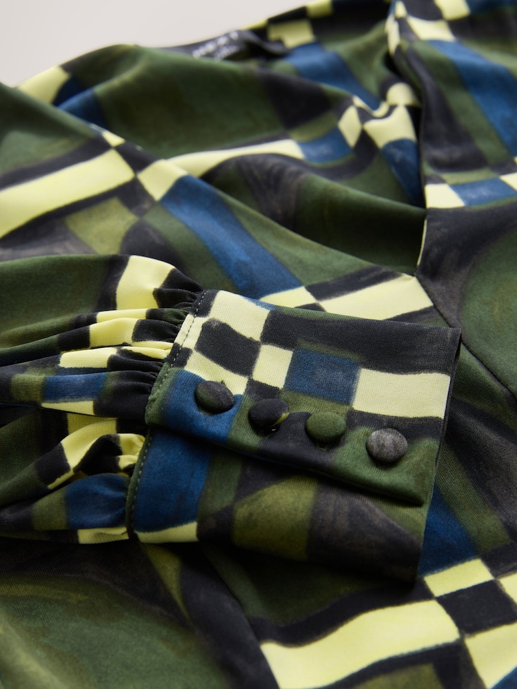 Green Geo Print Long Sleeve A-Line Mini Dress - Image 3 of 3 Green Geo Print Long Sleeve A-Line Mini Dress - Image 3 of 3