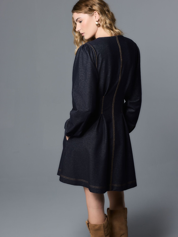 Dark Blue Mini Denim Look Cinched Waist Dress - Image 2 of 7 Dark Blue Mini Denim Look Cinched Waist Dress - Image 2 of 7