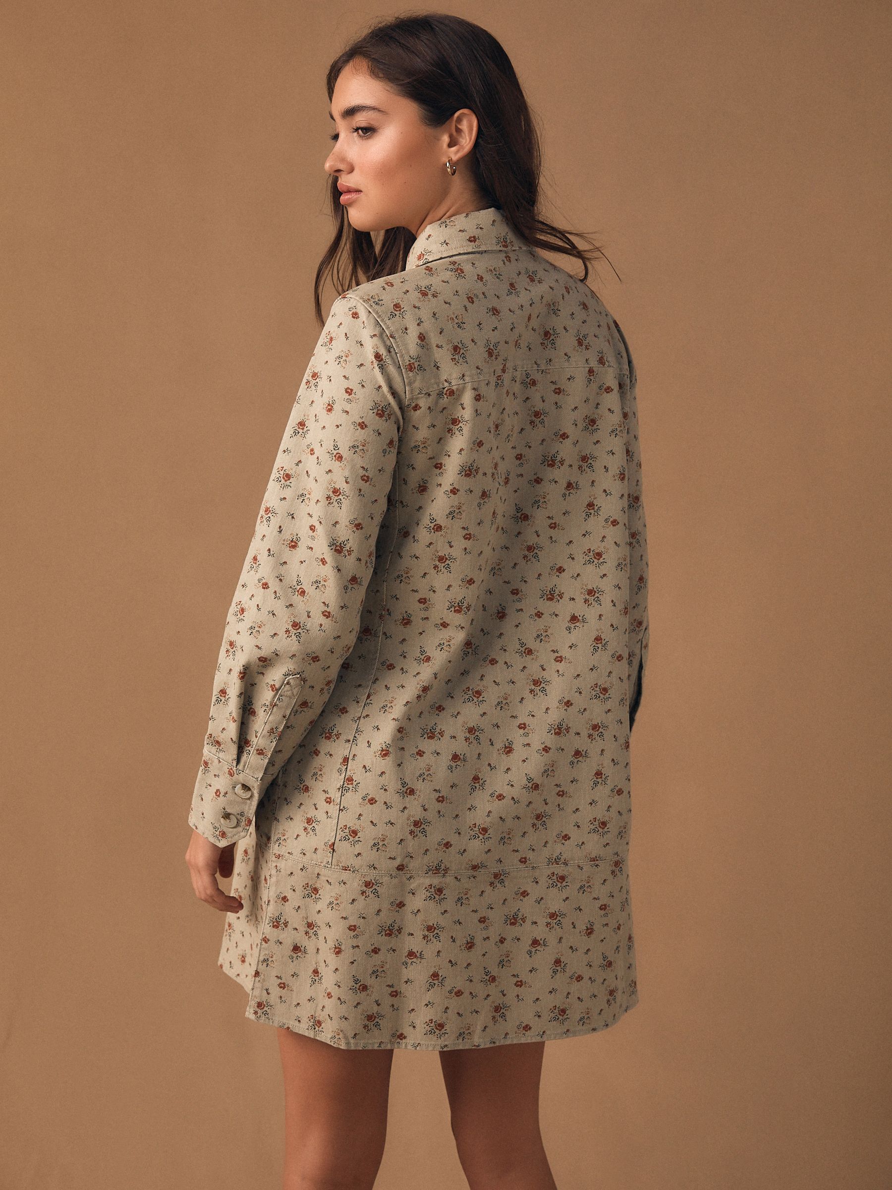 Buy Neutral Floral Long Sleeve Cotton Twill Overhead Shirt Dress