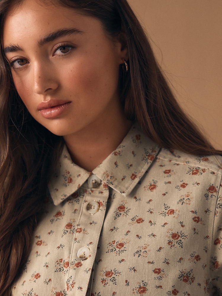 Buy Neutral Floral Long Sleeve Cotton Twill Overhead Shirt Dress from Next  USA