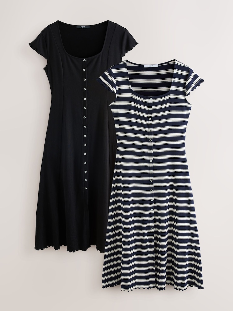 Navy Stripe/ Black - Short Sleeve Jersey Button Through Maxi Dress - صورة 1 من 11 Navy Stripe/ Black - Short Sleeve Jersey Button Through Maxi Dress - صورة 1 من 11