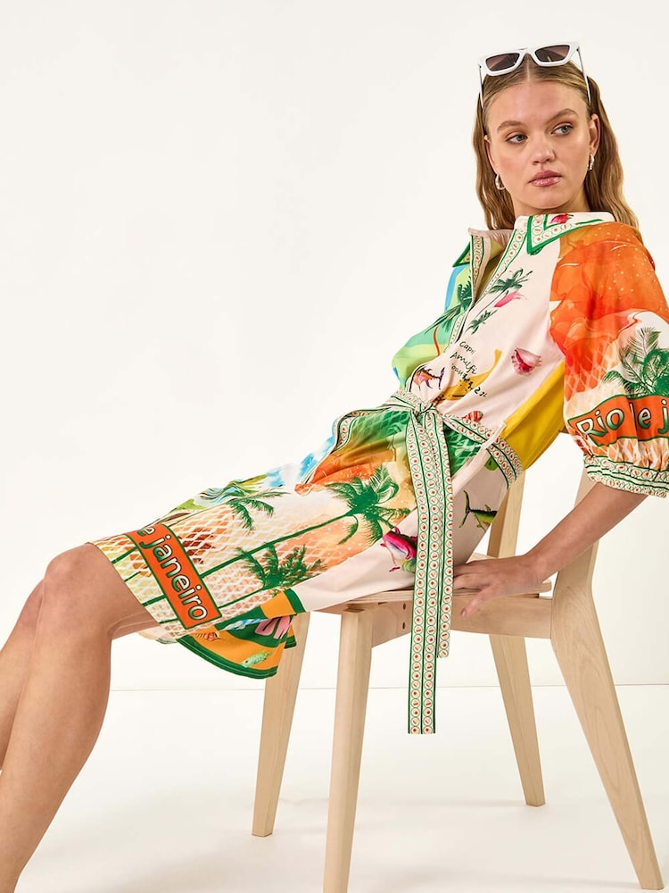 Roman White Landscape Print Tie Waist Shirt Dress - Image 1 of 5
