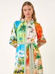 Roman White Landscape Print Tie Waist Shirt Dress - Image 4 of 5