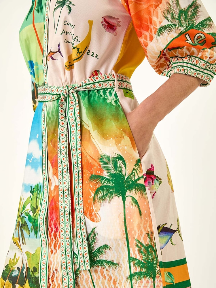 Roman White Landscape Print Tie Waist Shirt Dress - Image 5 of 5