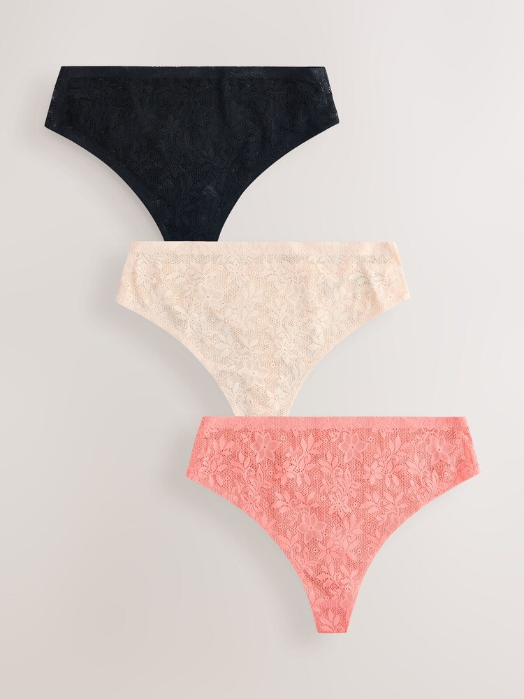Black/Cream/Coral Pink Thong Stoma All Over Lace No VPL Knickers 3 Pack - Image 1 of 5 Black/Cream/Coral Pink Thong Stoma All Over Lace No VPL Knickers 3 Pack - Image 1 of 5