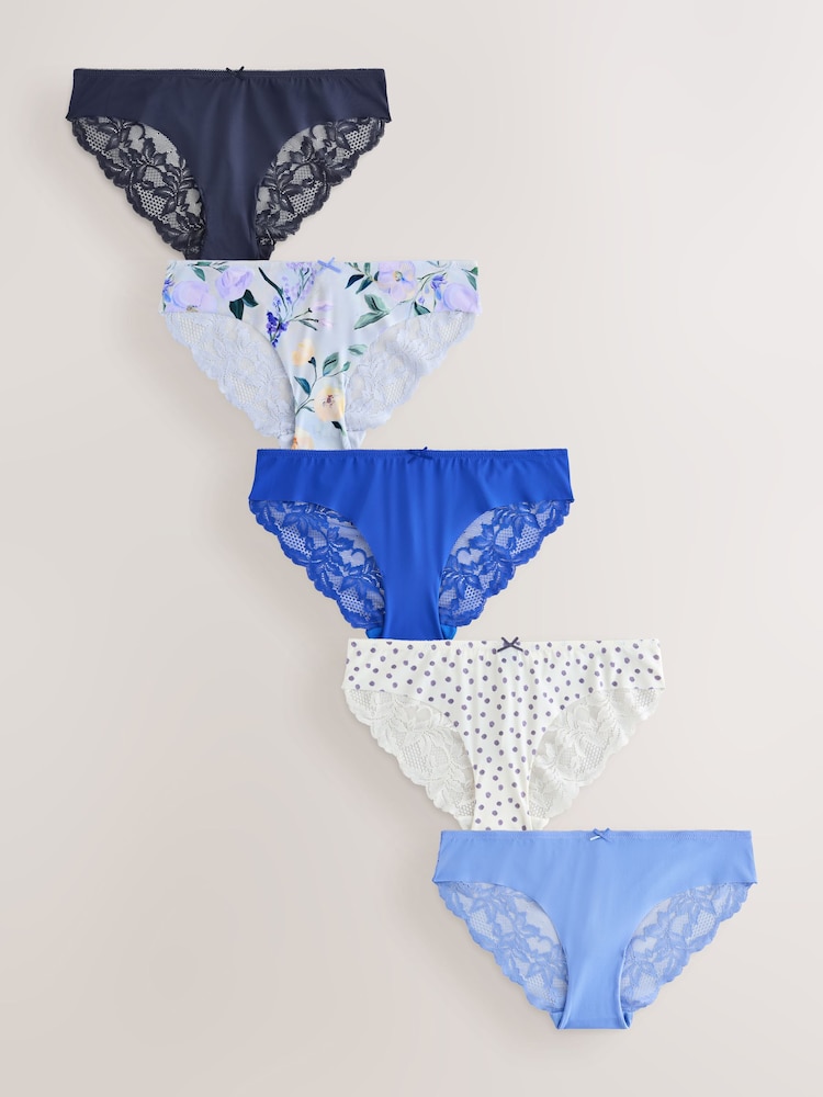 Blue Floral Brazilian Lace Back No VPL Invisible Knickers 5 Pack - Image 1 of 11 Blue Floral Brazilian Lace Back No VPL Invisible Knickers 5 Pack - Image 1 of 11