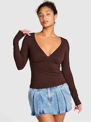 Victoria's Secret PINK Ganache Brown Ruched Long Sleeve Stretch T-Shirt - Image 1 of 2