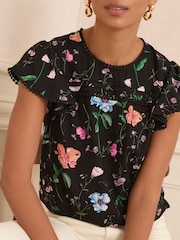 Love & Roses Black Floral Printed Short Sleeve Shell Top - Image 2 of 4