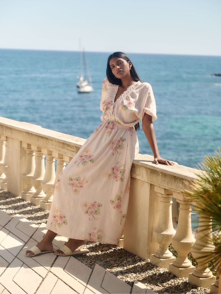 Simply Be Printed 100% Linen V-Neck Midi Dress - Imagen 1 de 6 Simply Be Printed 100% Linen V-Neck Midi Dress - Imagen 1 de 6