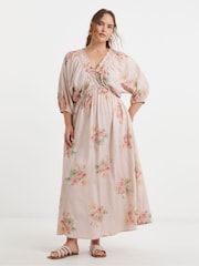 Simply Be Printed 100% Linen V-Neck Midi Dress - Imagen 2 de 6