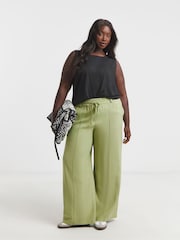 Simply Be Green Wide Fit Tie Waist Twill Leg Trousers - Image 1 of 5