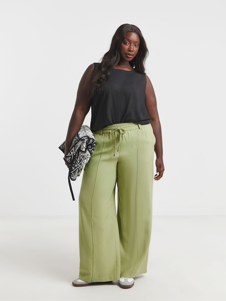 Simply Be Green Wide Fit Tie Waist Twill Leg Trousers - Image 1 of 5