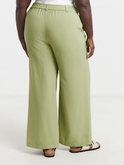 Simply Be Green Wide Fit Tie Waist Twill Leg Trousers - Image 2 of 5