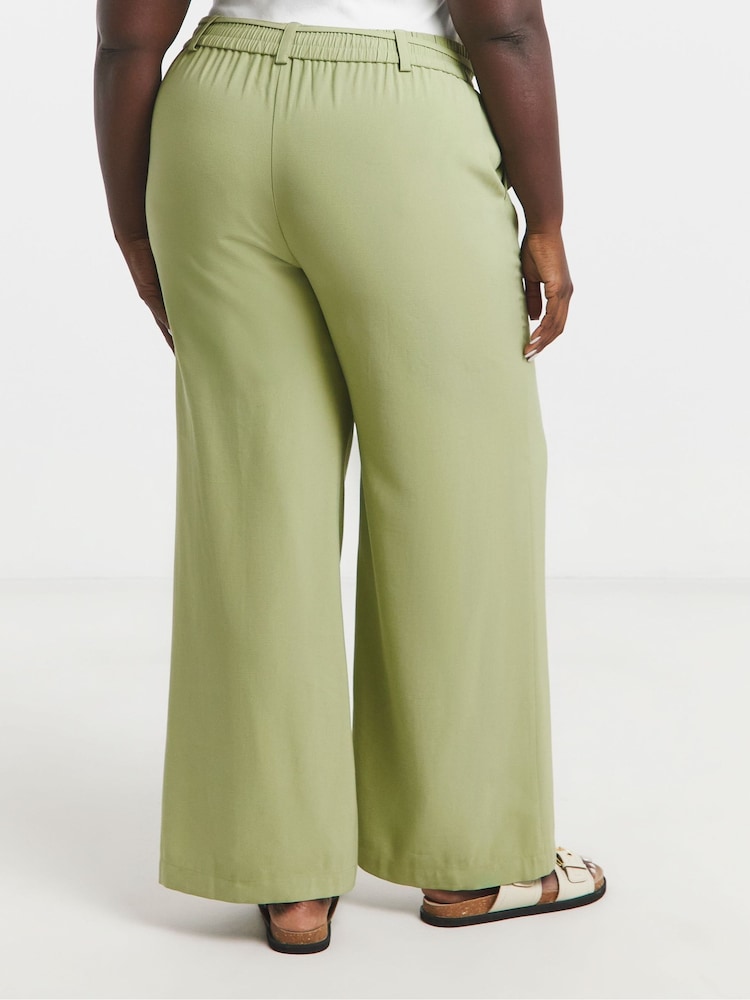 Simply Be Green Wide Fit Tie Waist Twill Leg Trousers - Image 2 of 5