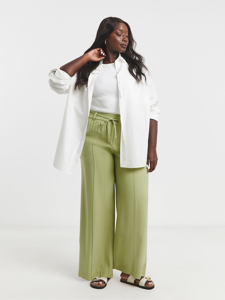 Simply Be Green Wide Fit Tie Waist Twill Leg Trousers - Image 5 of 5
