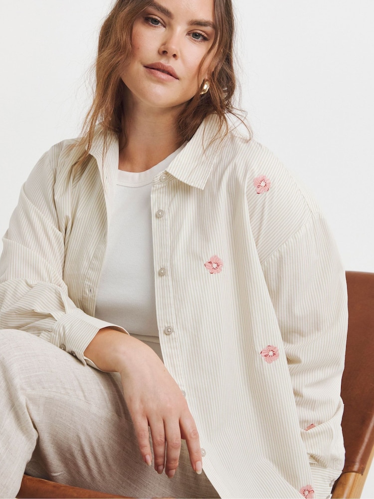 Simply Be Cream Embroidered Stripe Shirt - Image 1 of 4 Simply Be Cream Embroidered Stripe Shirt - Image 1 of 4