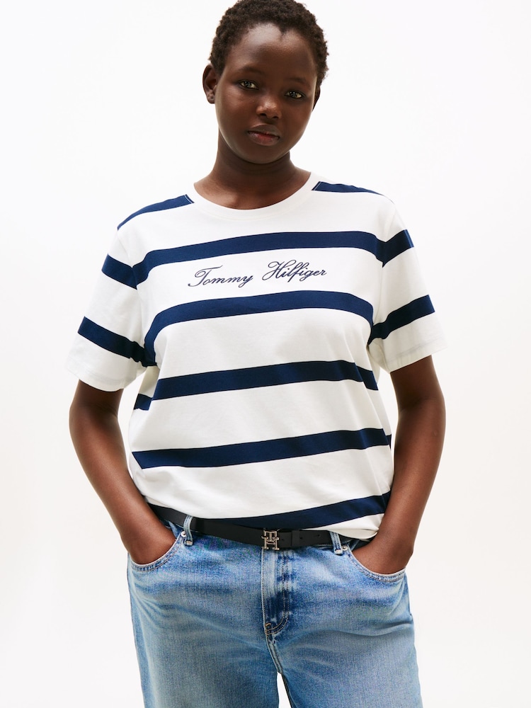 Tommy Hilfiger White Curve Logo Embroidery Crew Neck T-Shirt - Image 1 of 5
