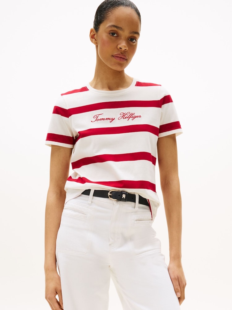 Tommy Hilfiger Red Cap Sleeve Slim Crew Neck T-Shirt - Image 1 of 5