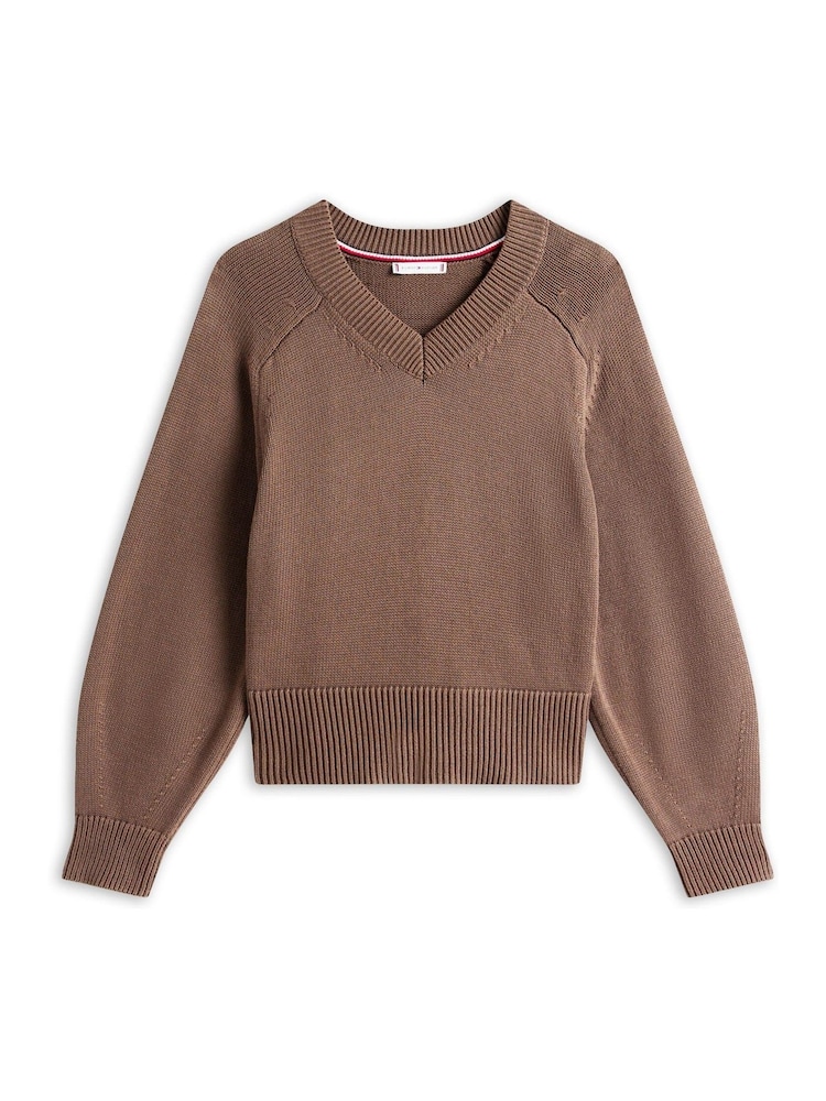 Tommy Hilfiger Brown Jersey V-Neck Boxy Jumper - Image 5 of 5