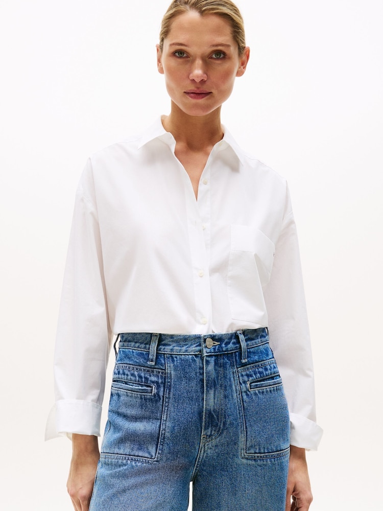 Tommy Hilfiger White Oversized Fit Adjustable Cuffs Poplin Shirt - Image 1 of 5