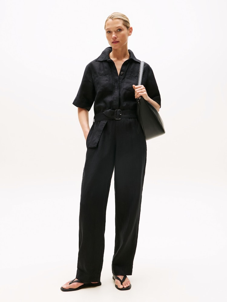 Tommy Hilfiger Black Linen Blend Belted Short Sleeve Jumpsuit - Image 1 of 5