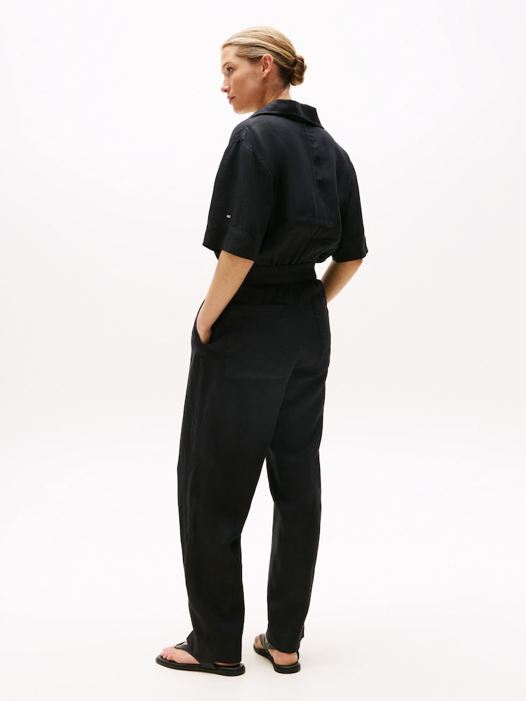 Tommy Hilfiger Black Linen Blend Belted Short Sleeve Jumpsuit - Image 2 of 5