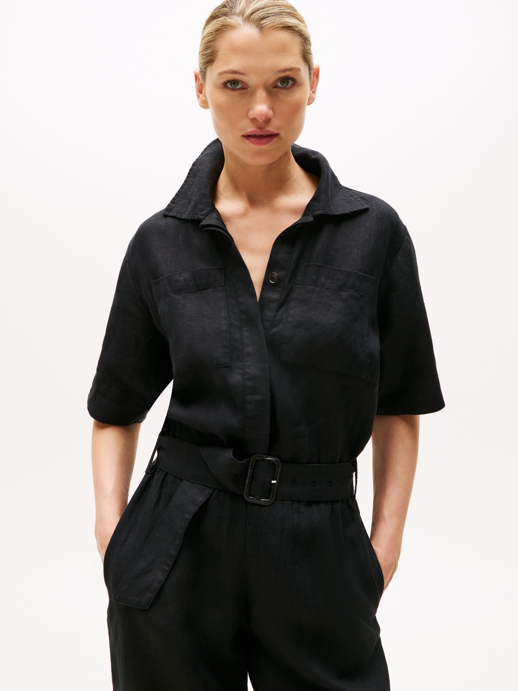 Buy Tommy Hilfiger Black Linen Blend Belted Short Sleeve Jumpsuit