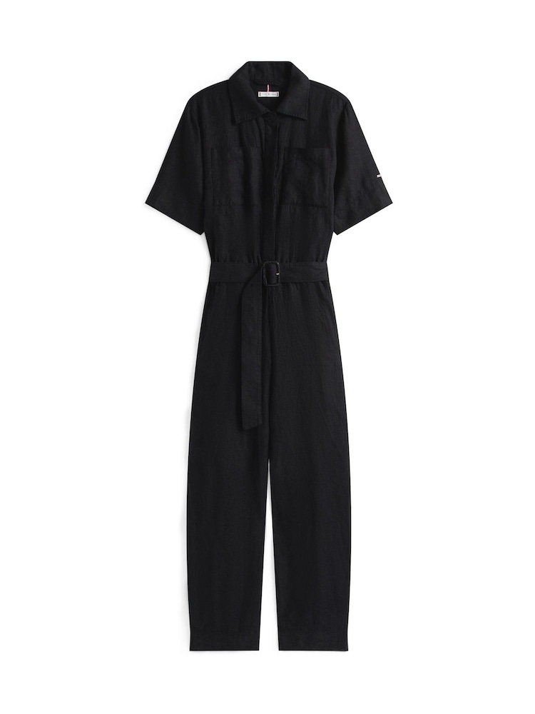 Tommy Hilfiger Black Linen Blend Belted Short Sleeve Jumpsuit - Image 5 of 5
