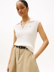 Tommy Hilfiger White Cable Knit Sleeveless Polo Jumper - Image 1 of 5
