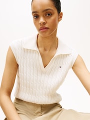 Tommy Hilfiger White Cable Knit Sleeveless Polo Jumper - Image 4 of 5