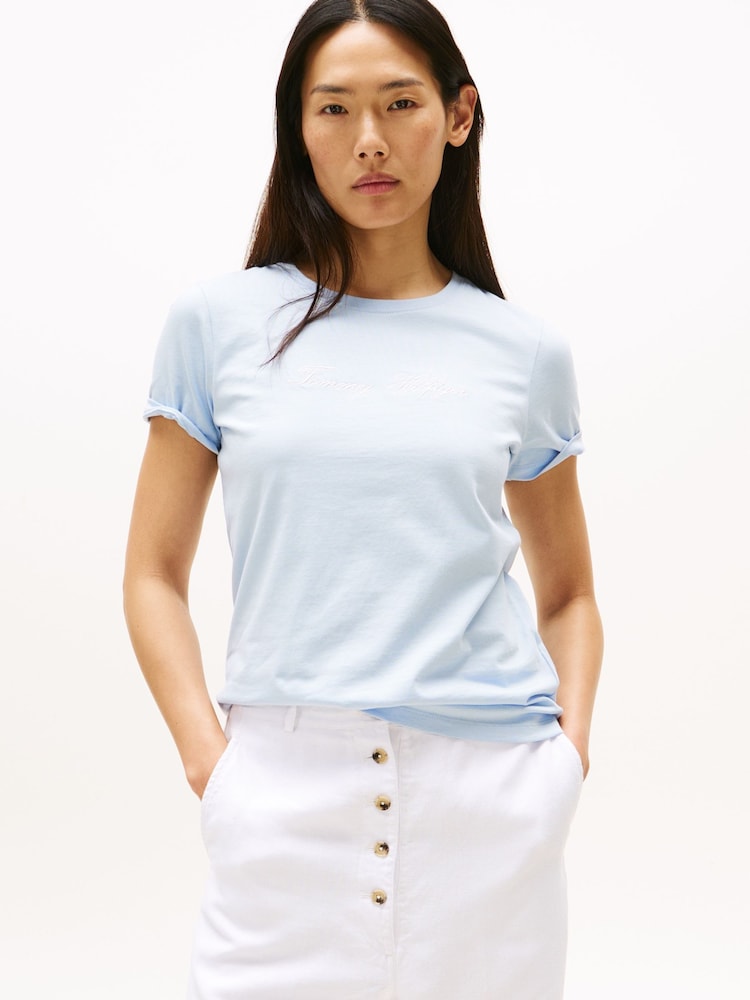Tommy Hilfiger Blue Logo Embroidery Crew Neck T-Shirt - Image 1 of 5