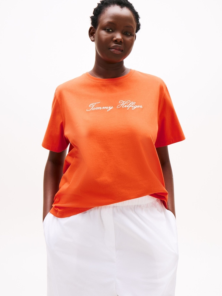 Tommy Hilfiger Orange Curve Logo Embroidery Crew Neck T-Shirt - Image 1 of 5