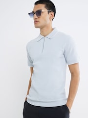 Azul - River Island Muscle Fit Textured Tipped Polo Shirt - Imagen 1 de 4