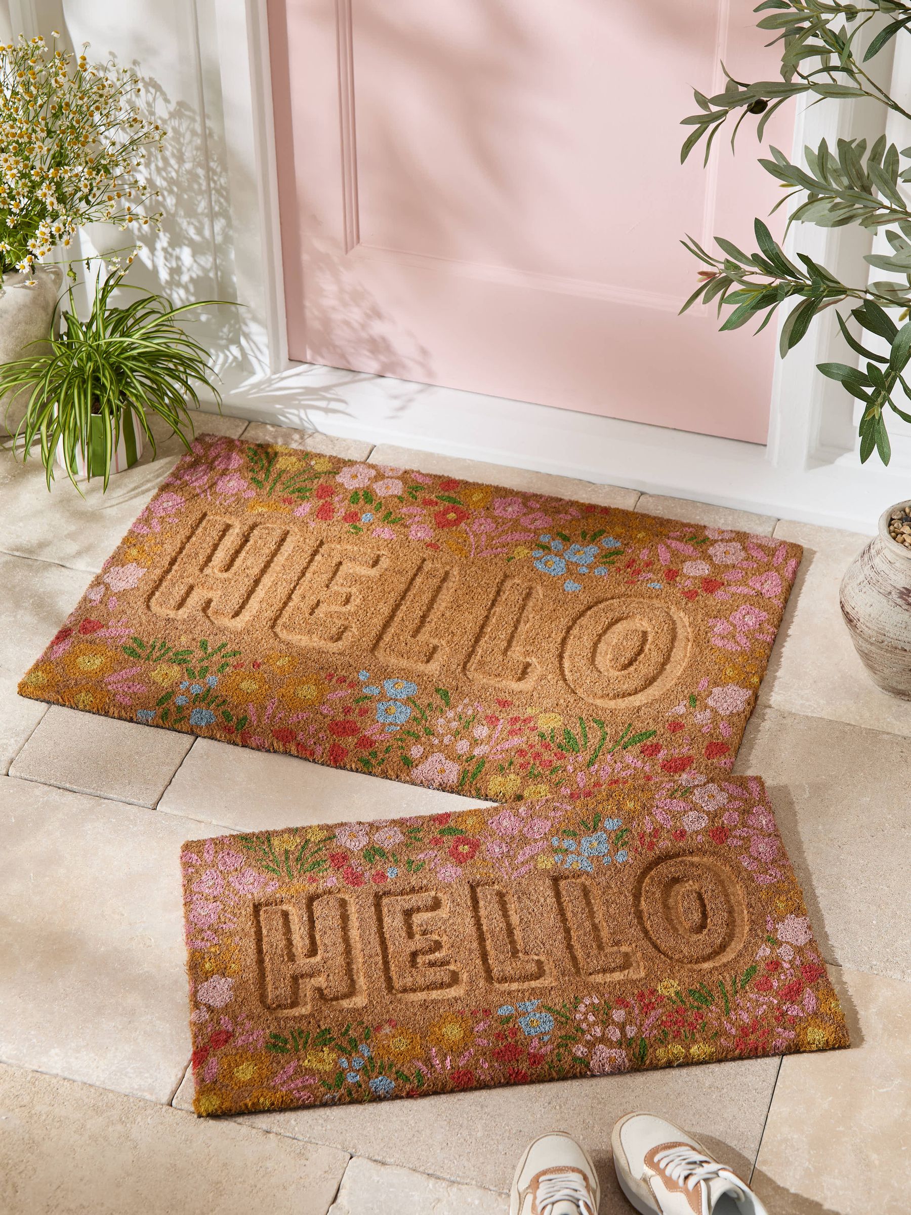 Multi Floral Embossed Hello Coir Doormat (H53147)