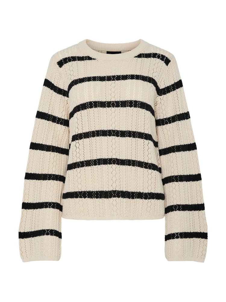 PIECES Cream Long Sleeve Round Neck Crochet Top - Image 1 of 2