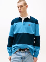 Tommy Jeans Blue Relaxed Colour Blocked Rugby Shirt - Image 1 of 5