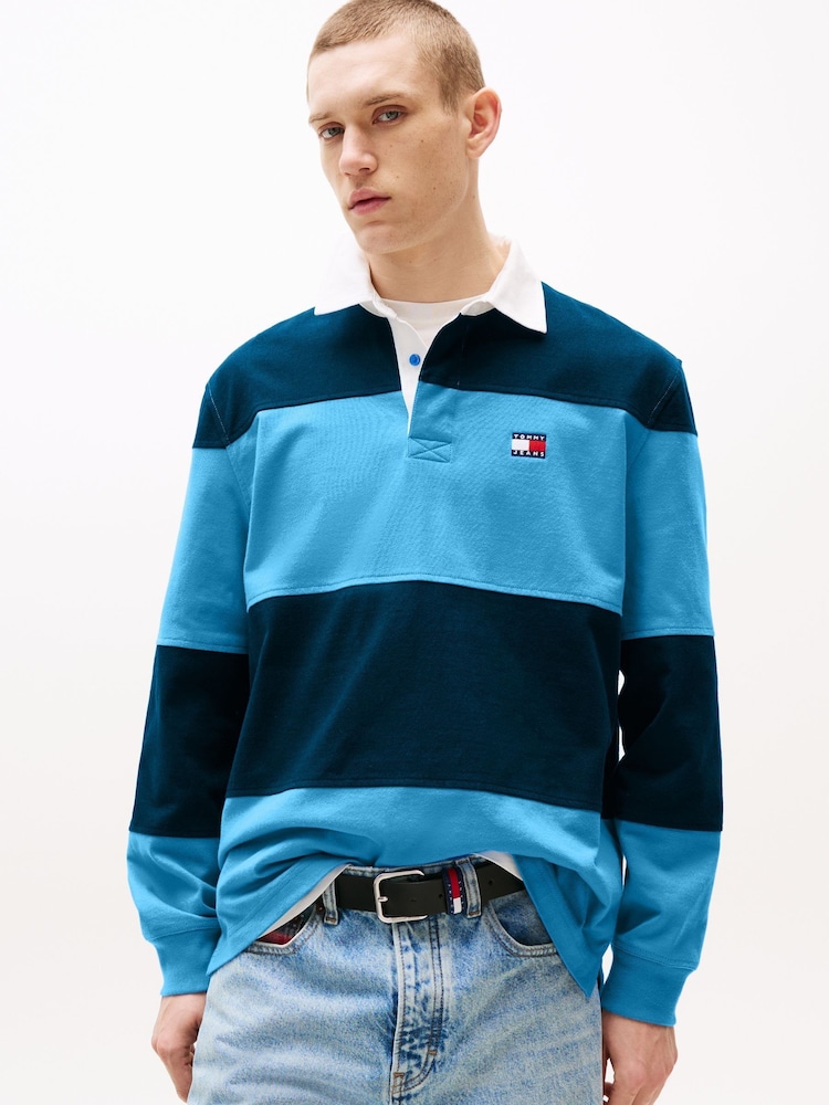 Tommy Jeans Blue Relaxed Colour Blocked Rugby Shirt - Image 1 of 5