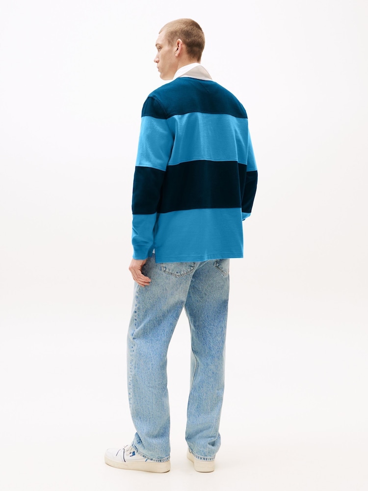 Tommy Jeans Blue Relaxed Colour Blocked Rugby Shirt - Image 2 of 5