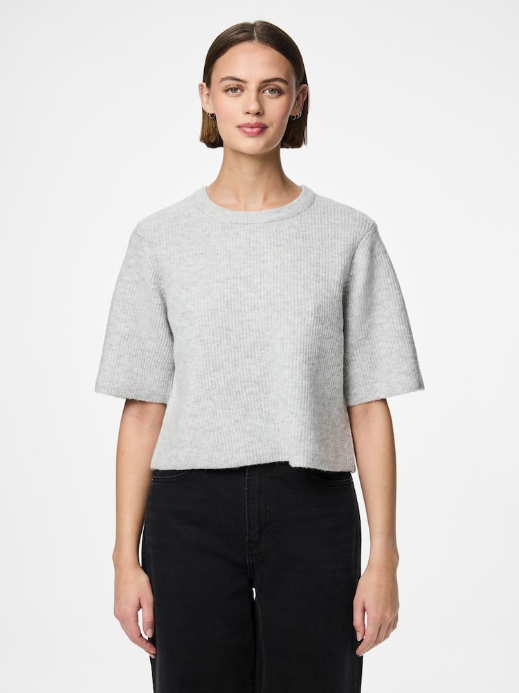PIECES Grey Short Sleeve Round Neck Knitted Top - Image 1 of 4