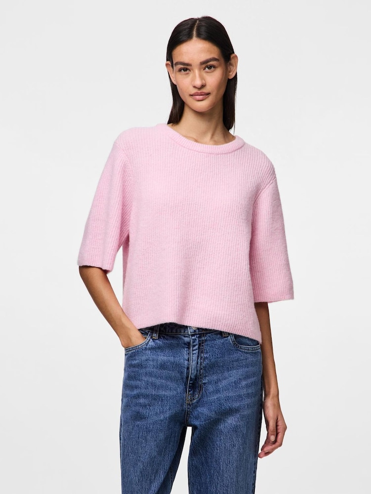 PIECES Pink Short Sleeve Round Neck Knitted Top - Image 1 of 3
