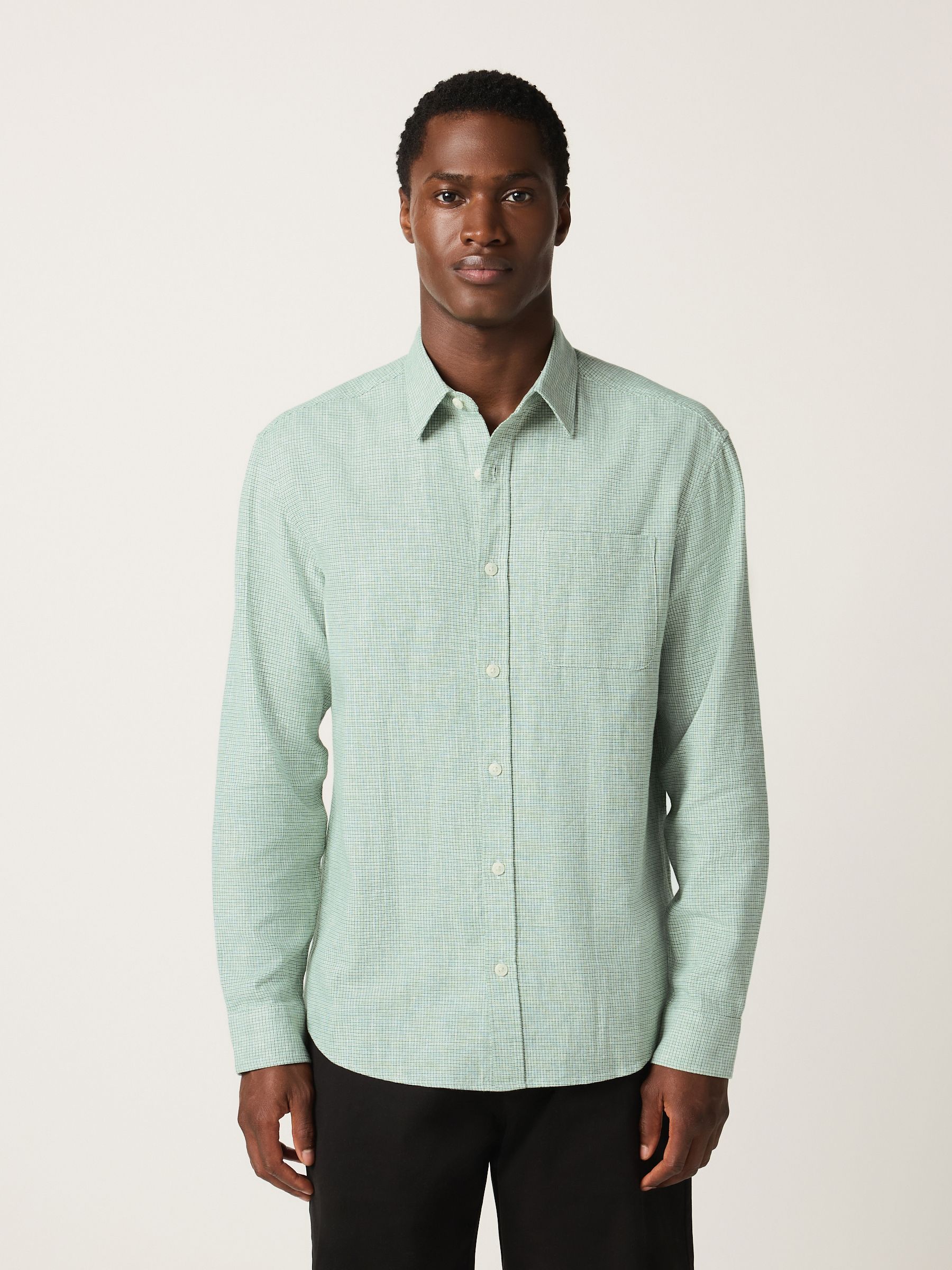 Buy Green Classic Collar Cotton Linen Blend Long Sleeve Shirt from