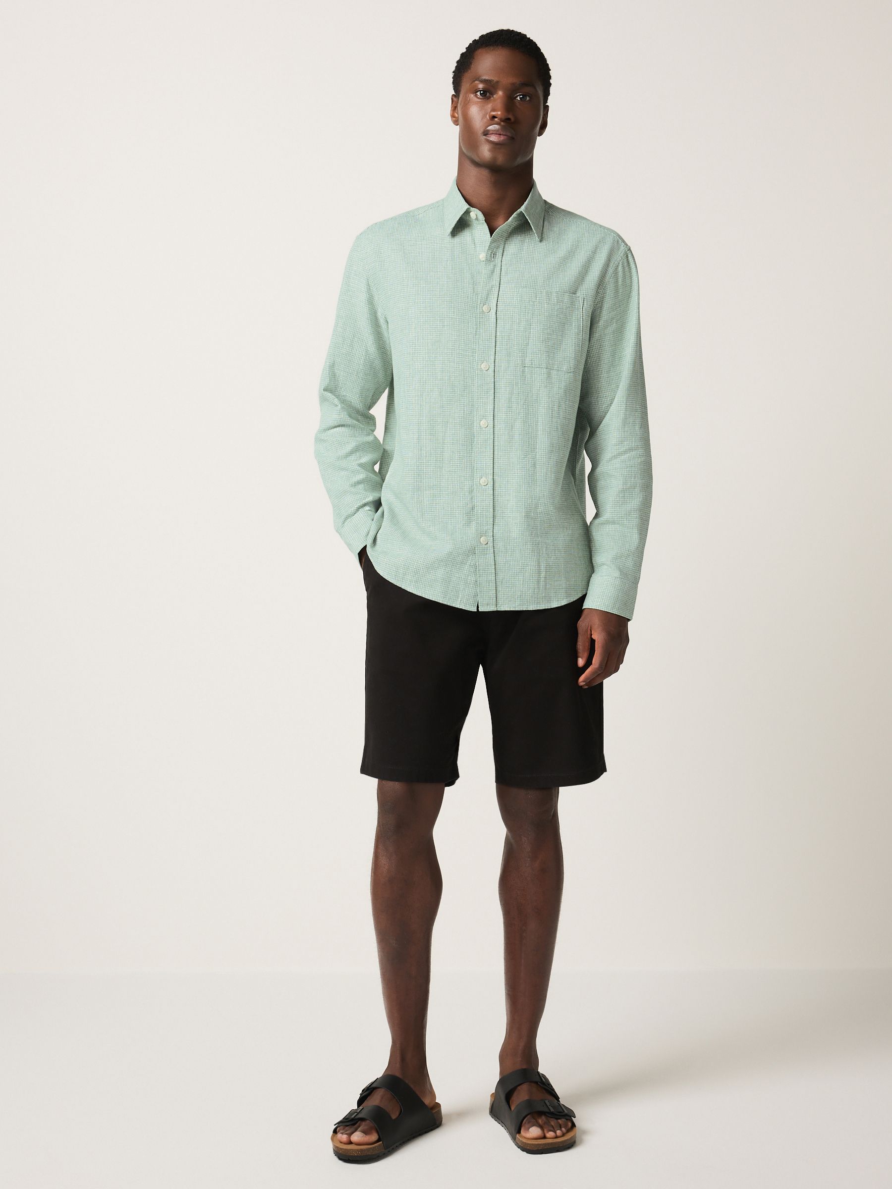 Buy Green Classic Collar Cotton Linen Blend Long Sleeve Shirt from