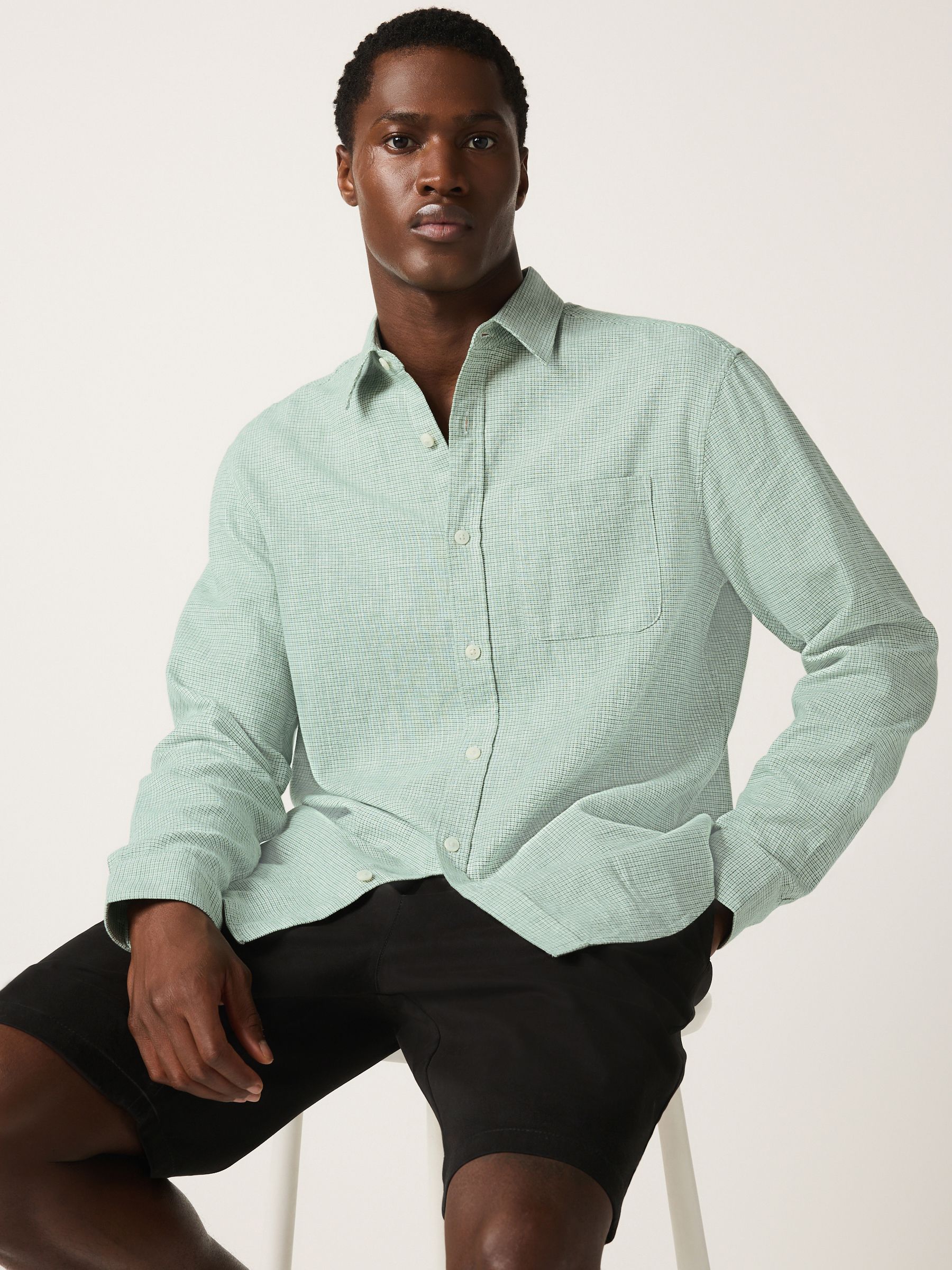 Buy Green Classic Collar Cotton Linen Blend Long Sleeve Shirt from