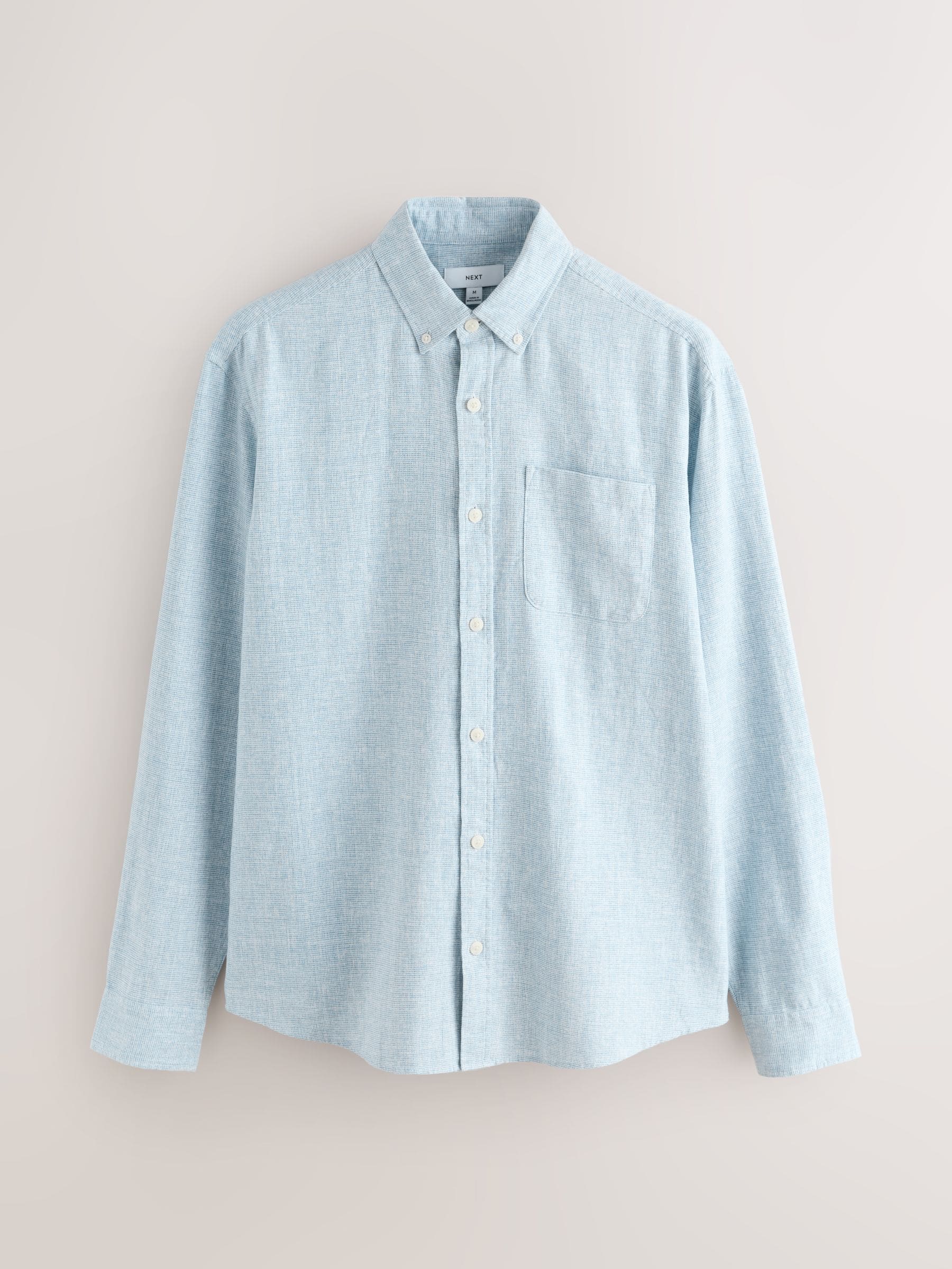 Buy Light Blue Classic Collar Cotton Linen Blend Long Sleeve Shirt