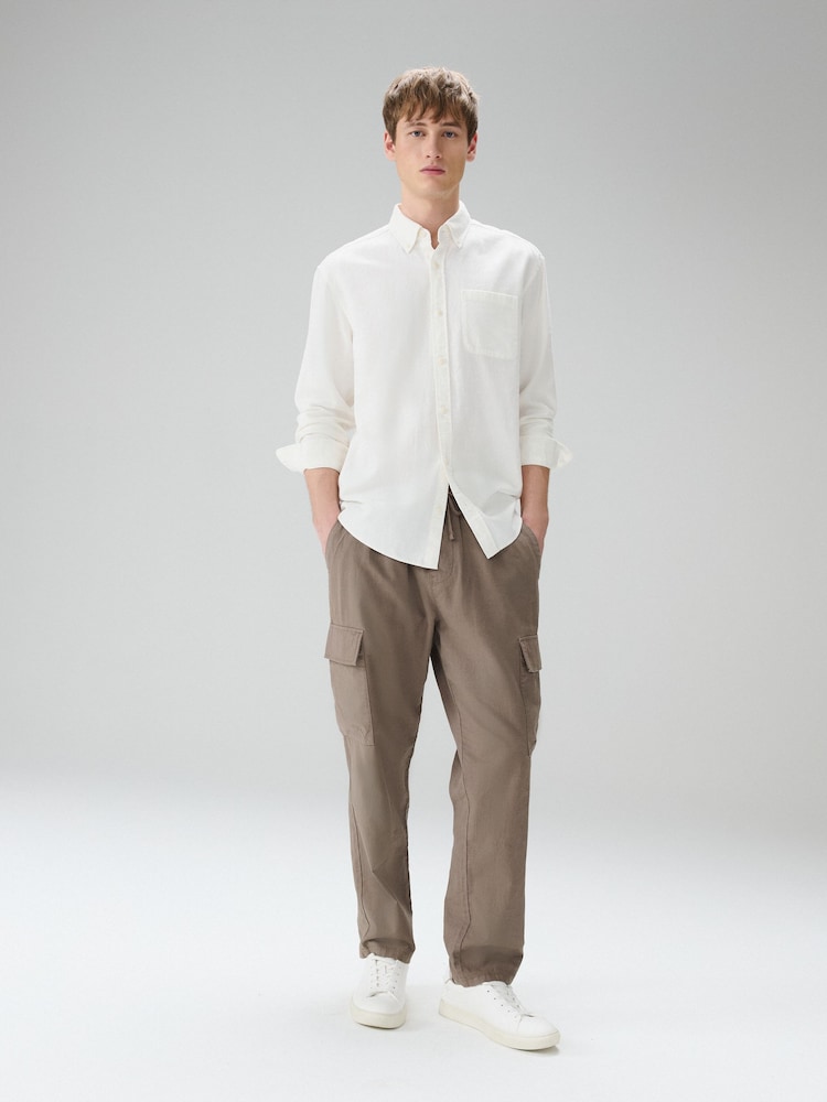 White Standard Collar Cotton Linen Blend Long Sleeve Shirt - Image 2 of 6