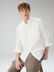 White Standard Collar Cotton Linen Blend Long Sleeve Shirt - Image 3 of 6