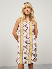 Cream Geometric Print Scoop Back Mini Shift Dress With Linen - Image 1 of 8