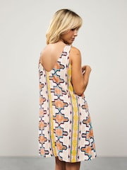 Cream Geometric Print Scoop Back Mini Shift Dress With Linen - Image 3 of 8