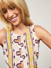 Cream Geometric Print Scoop Back Mini Shift Dress With Linen - Image 4 of 8